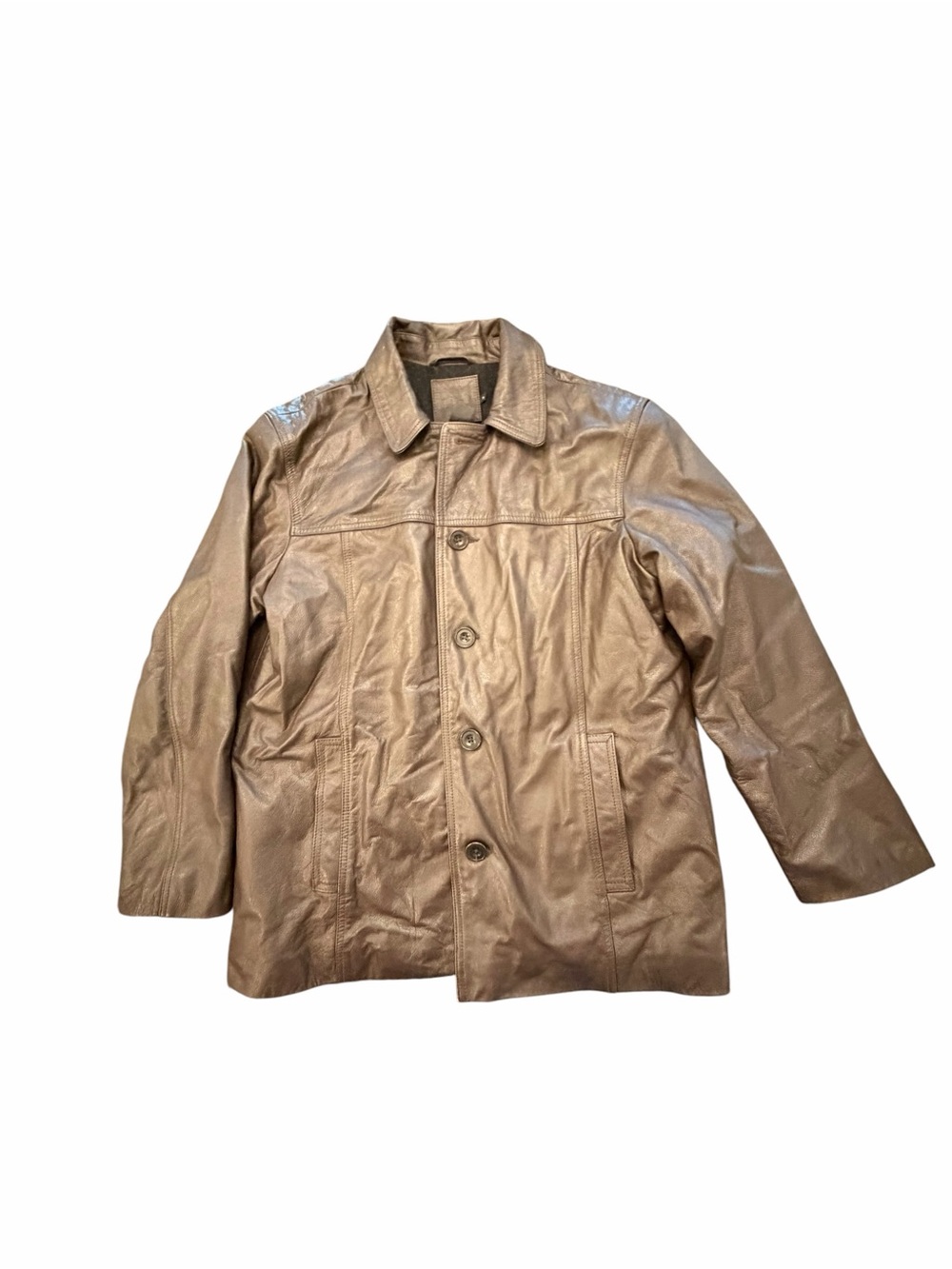 Vintage J Crew Leather Bomber Jacket Mens Medium Brown Wool Lined Button Up